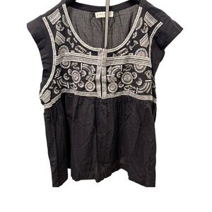 Lucky‎ Brand Grayish/ Black Blouse with White Embroidery Flutter Sz XXL